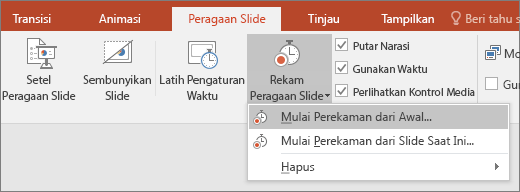 Memperlihatkan tombol rekam peragaan slide di PowerPoint