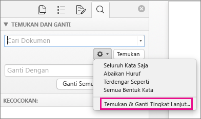 Dalam kotak Temukan dan Ganti, Temukan dan Ganti Tingkat Lanjut disorot