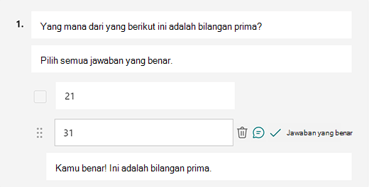 Pesan jawaban yang benar yang dikustomisasi di Microsoft Forms
