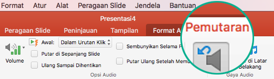 Ketika klip audio dipilih dalam slide, tab Pemutaran muncul di pita toolbar untuk mengatur opsi pemutaran.