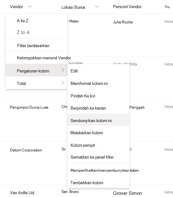 Pengaturan Kolom > Opsi Sembunyikan kolom ini saat judul kolom dipilih dalam daftar atau pustaka SharePoint modern