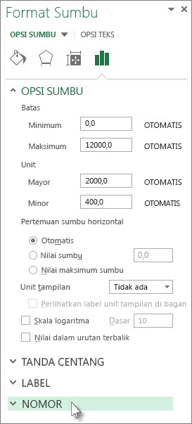 Opsi nomor dalam panel Format Sumbu