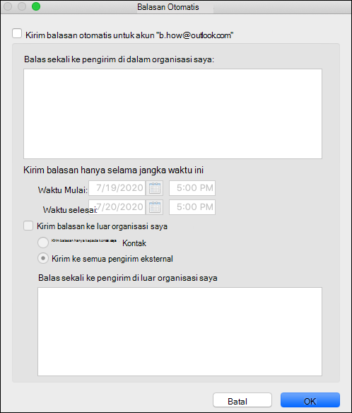 Menu balasan otomatis di Outlook untuk Mac.