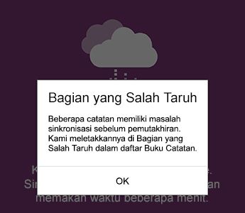 Pemberitahuan bagian yang salah taruh di OneNote untuk Android