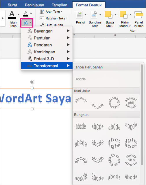 Tab Format Bentuk dengan opsi Efek Teks disorot.