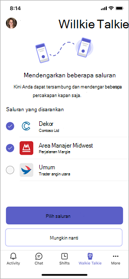 Layar Walkie Talkie, menampilkan saluran yang disarankan dan tombol Pilih saluran.