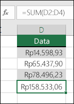 Gunakan fungsi SUM, dan bukan mengode paksa nilai dalam rumus.  Rumus di sel D5 adalah =SUM(D2:D4)