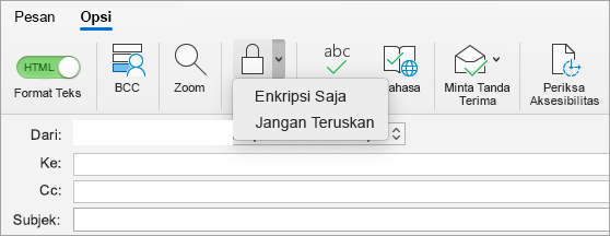 Memperlihatkan tombol Enkripsi dalam pesan email