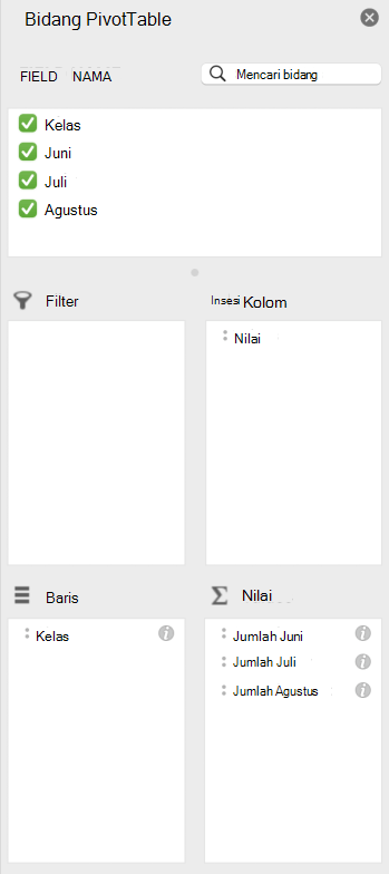 Panel bidang PivotTable di Mac.