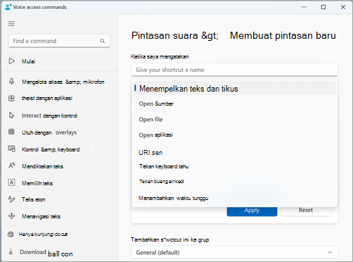 Buat halaman pintasan baru dengan daftar menurun di Melakukan tindakan yang diperluas. Ini memperlihatkan Tipe tindakan yang terdaftar.