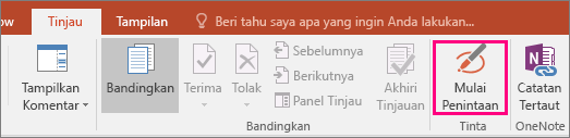 Memperlihatkan tombol Mulai Penintaan pada tab Tinjau di Office