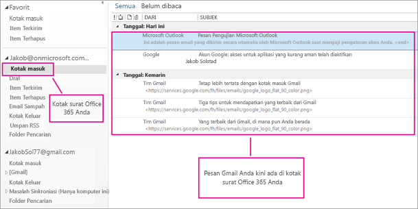 Setelah Anda mengimpor email ke kotak surat Office 365, ini akan muncul di dua tempat.