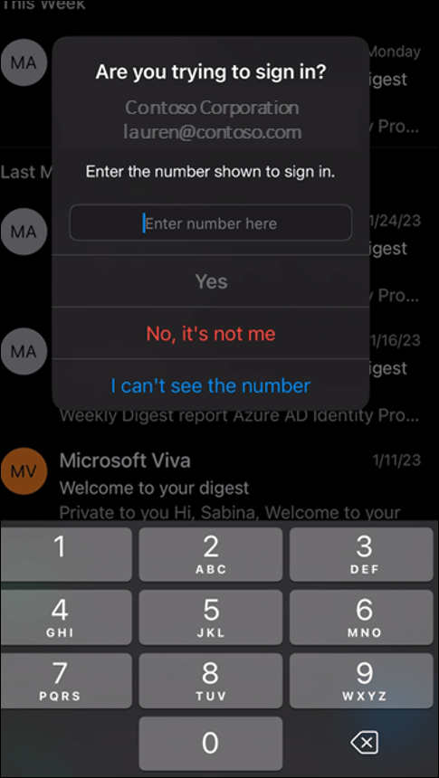 Perintah autentikasi di Outlook, menunggu pengguna mengetikkan nomor yang diperlihatkan oleh situs tempat mereka mencoba masuk.