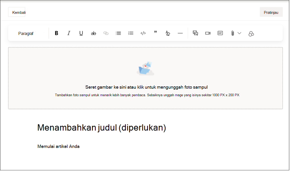 Cuplikan layar memperlihatkan antarmuka pengeditan tipe postingan artikel dengan font, gaya, gambar, dan opsi teks kaya lainnya.