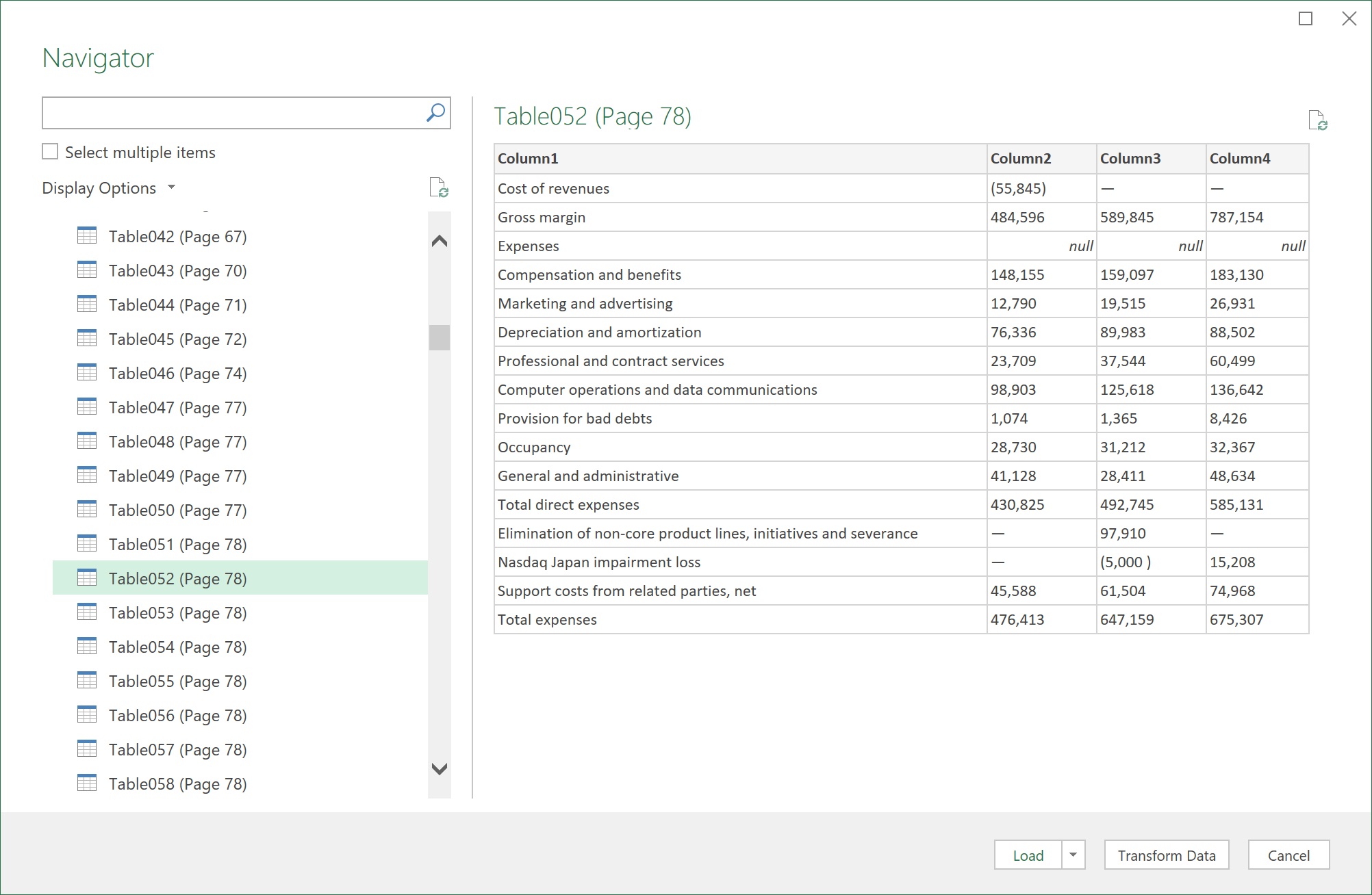 Kotak dialog Navigator untuk mengimpor data PDF