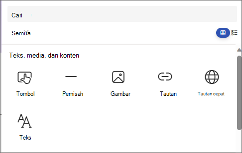 Cuplikan layar panel untuk memilih komponen web, memperlihatkan Tombol, Pemisah, Gambar, Tautan, Tautan cepat, dan Teks.