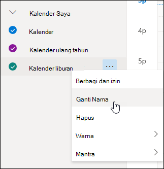 Cuplikan layar untuk menu konteks kalender dengan Ubah Nama dipilih