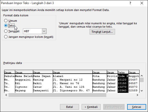 Opsi Teks untuk format data Kolom disorot dalam Panduan Impor Teks.