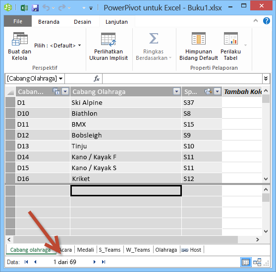 PowerPivot menampilkan jumlah rekaman