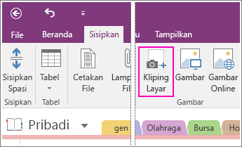 Cuplikan layar tombol Sisipkan Kliping Layar di OneNote 2016