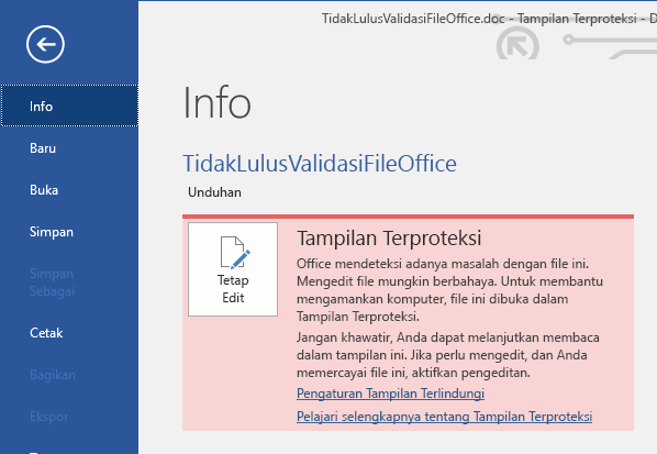 Tampilan Terproteksi di Backstage Kegagalan Validasi File Office