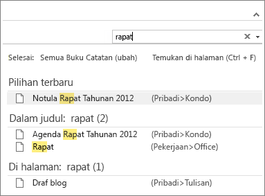 Gunakan Pencarian untuk mencari catatan di mana saja di OneNote.