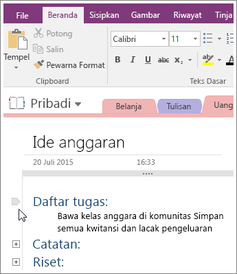 Cuplikan layar cara menciutkan kerangka di OneNote 2016.