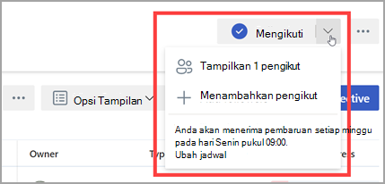 Cuplikan layar yang memperlihatkan ikon Mengikuti berubah menjadi biru untuk menunjukkan bahwa Anda mengikuti tim atau pengguna.