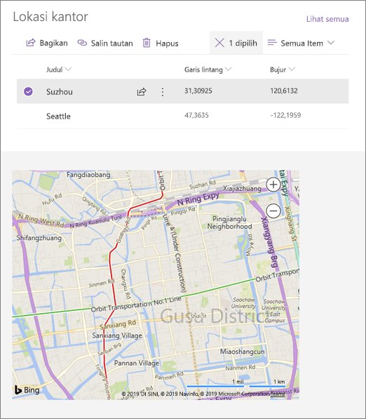 Contoh komponen web Sematkan yang tersambung memperlihatkan lokasi dari daftar