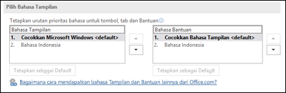 Dialog yang memungkinkan Anda untuk memilih bahasa yang akan digunakan Office untuk tombol, menu, dan bantuan.