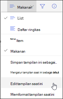 SharePoint Opsi menu Edit Tampilan Saat Ini Online