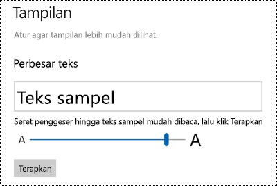 Pengaturan Kemudahan Akses Windows memperlihatkan slider Buat Teks Lebih Besar pada tab Tampilan.