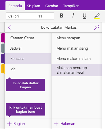 Cuplikan layar tombol Tambahkan Bagian di OneNote