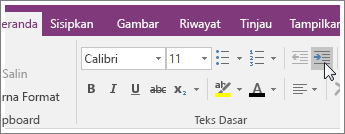 Cuplikan layar tombol Tambah Inden di OneNote 2016.