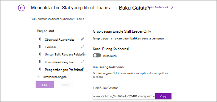 Cuplikan layar halaman manajemen pengaturan Buku Catatan Staf di OneNote.