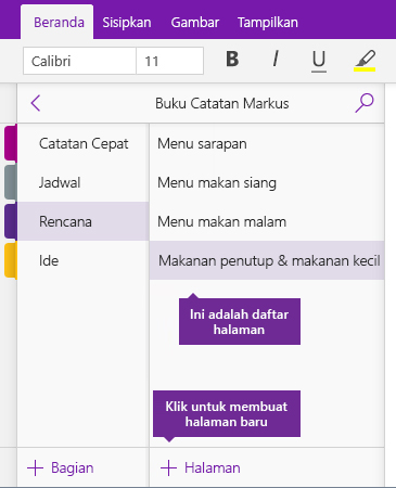 Cuplikan layar tombol Tambahkan Halaman di OneNote