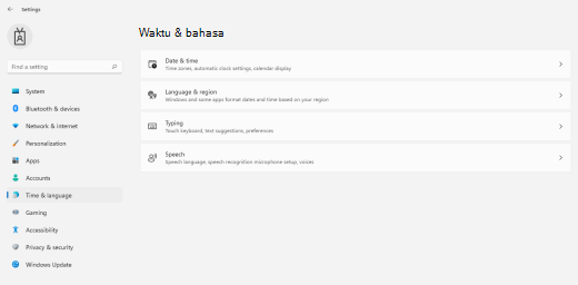 Menu waktu dan bahasa di Windows 11.
