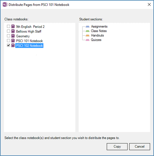 Silang panel distribusi buku catatan di buku catatan kelas dengan daftar buku catatan kelas dengan kotak centang dan daftar bagian tujuan buku catatan siswa. Tombol Salin atau membatalkan.