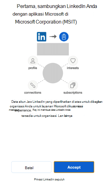 Popup untuk menyambungkan akun LinkedIn Anda dengan aplikasi Microsoft.