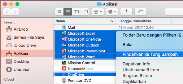 Memindahkan aplikasi Office ke sampah