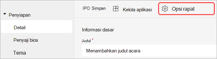 Cuplikan layar menyoroti UI opsi Rapat dalam acara Teams.