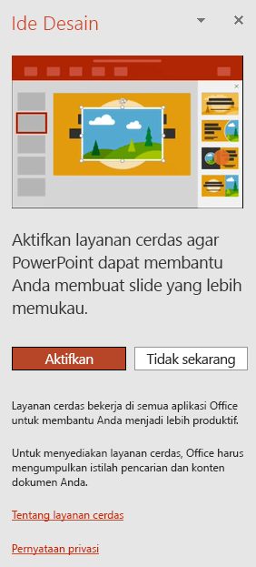 Menampilkan pesan awal yang muncul ketika PowerPoint Designer diminta