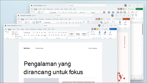 Word, Excel, dan PowerPoint ditampilkan dengan pembaruan visual di pita dan sudut yang dibulatkan agar sesuai dengan antarmuka pengguna Windows 11.