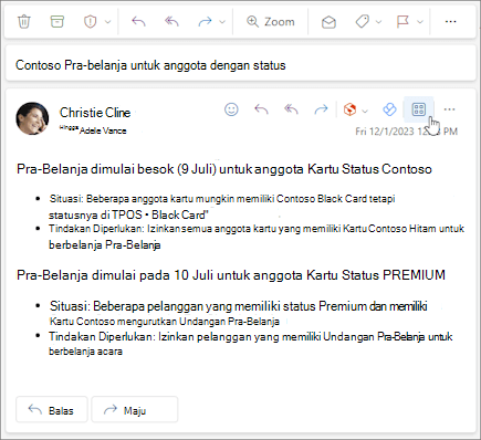 Ikon Aplikasi di bilah tindakan pesan di Outlook di web dan di Outlook untuk Windows yang baru.