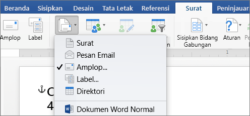 Pada tab Surat, pilih Amplop dari daftar Mulai Gabungan Surat