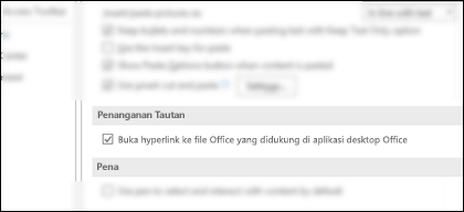 Kotak dialog Opsi > Tingkat Lanjut memperlihatkan pengaturan untuk mengaktifkan atau menonaktifkan pembukaan tautan di aplikasi desktop.