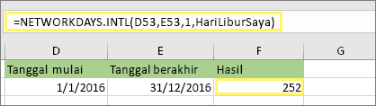 =NETWORKDAYS.INTL(D53,E53,1,MyHolidays) dan hasil: 252