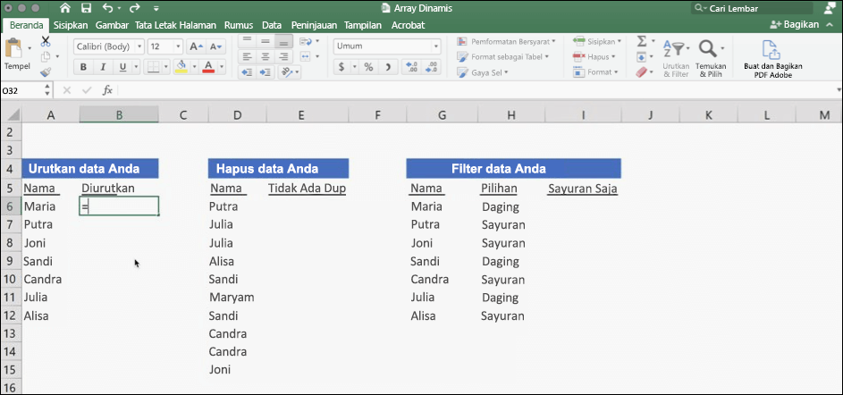 Cuplikan layar Excel dengan data menggunakan array dinamis