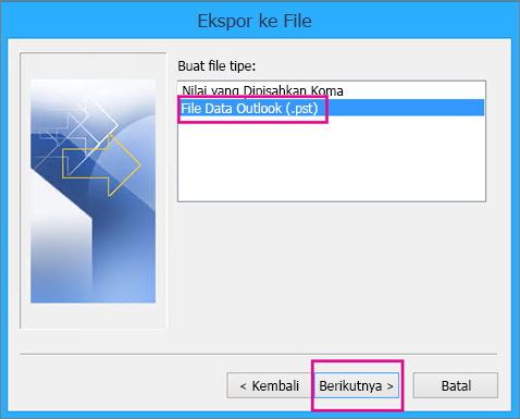 Pilih File Data Outlook (.pst) lalu pilih Berikutnya