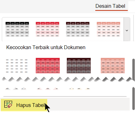 Menghapus gaya tabel menggunakan perintah Hapus Tabel.